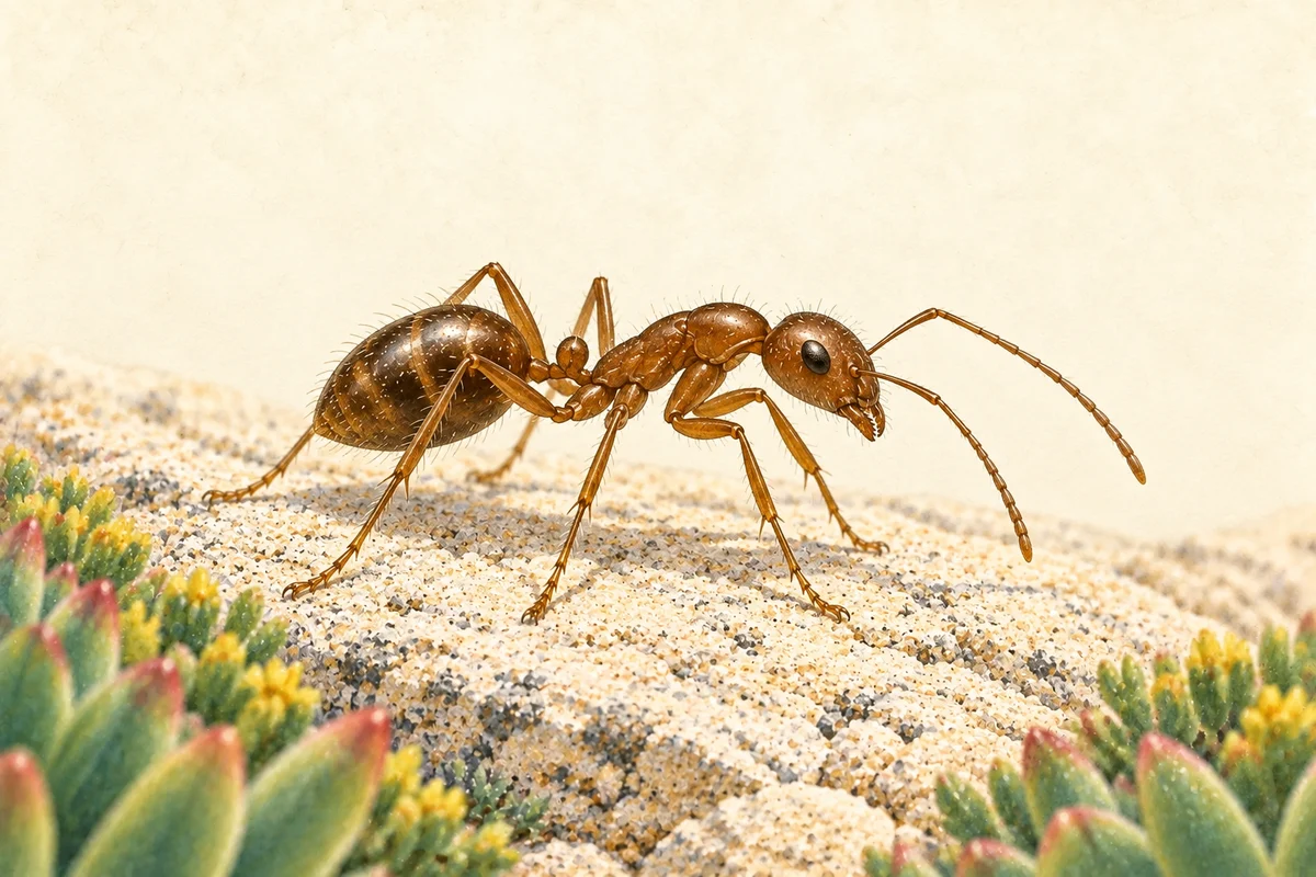 Illustrated brown ant on a sunlit stone