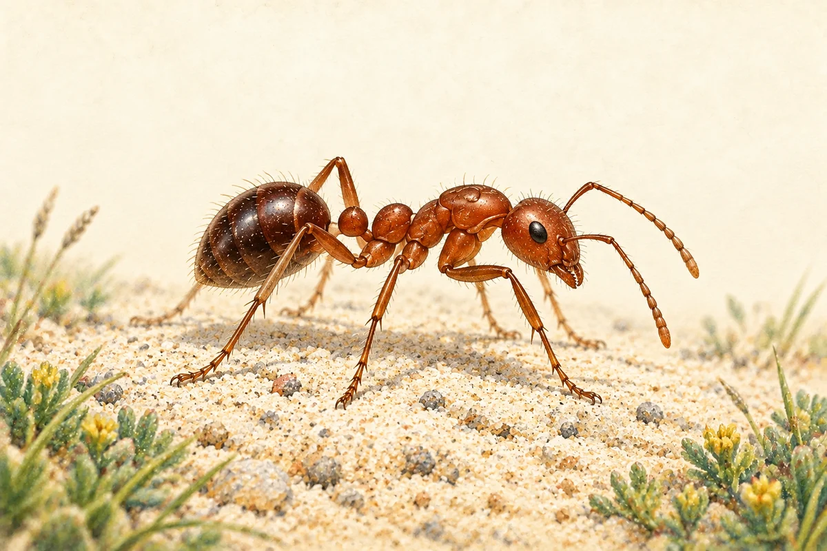 Field-guide illustration of a fire ant