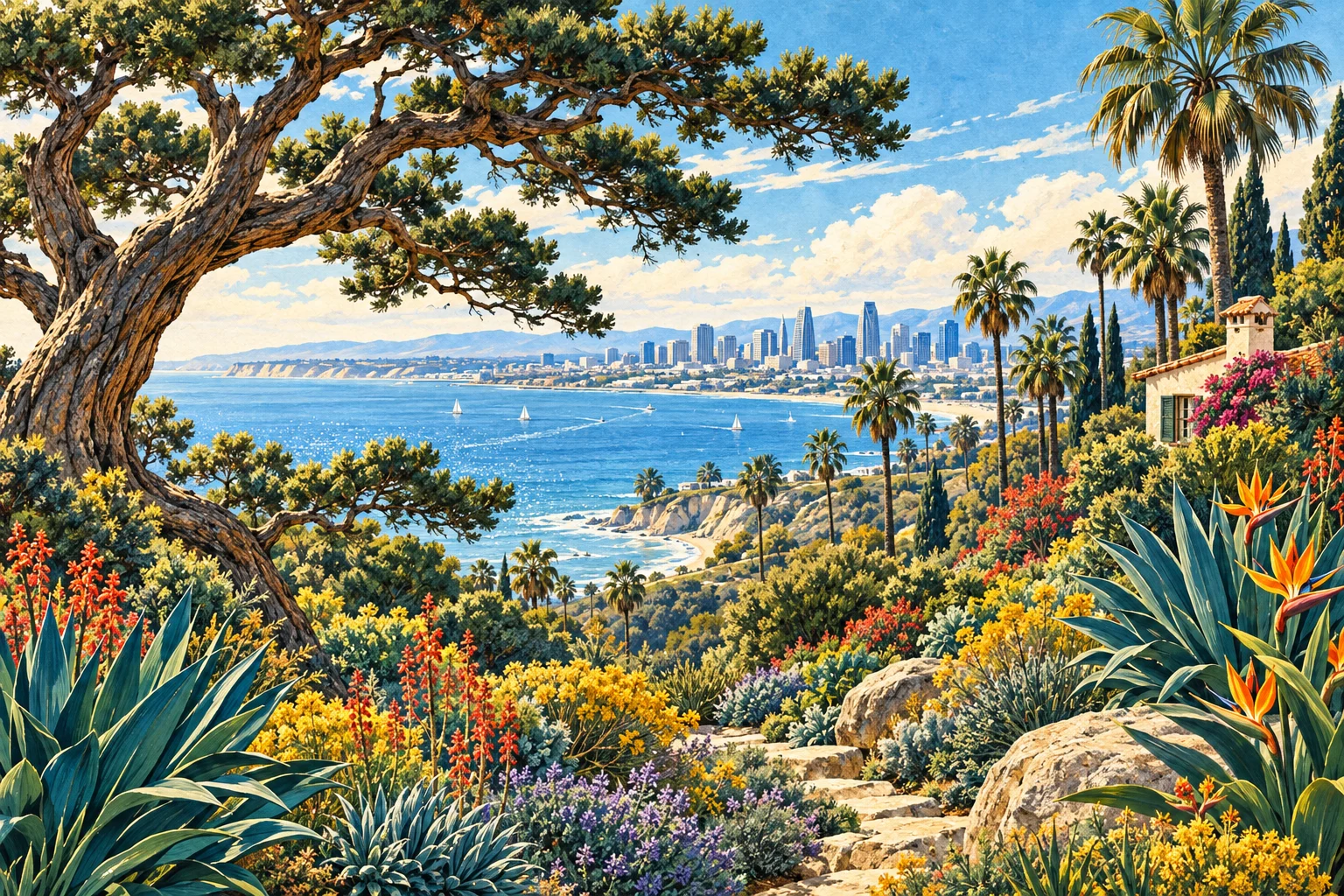 Illustrated coastal habitat with native plants, palms, and a Torrey pine