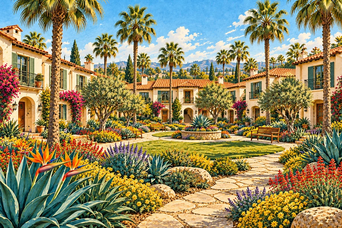 Illustrated townhomes around a shared landscaped courtyard