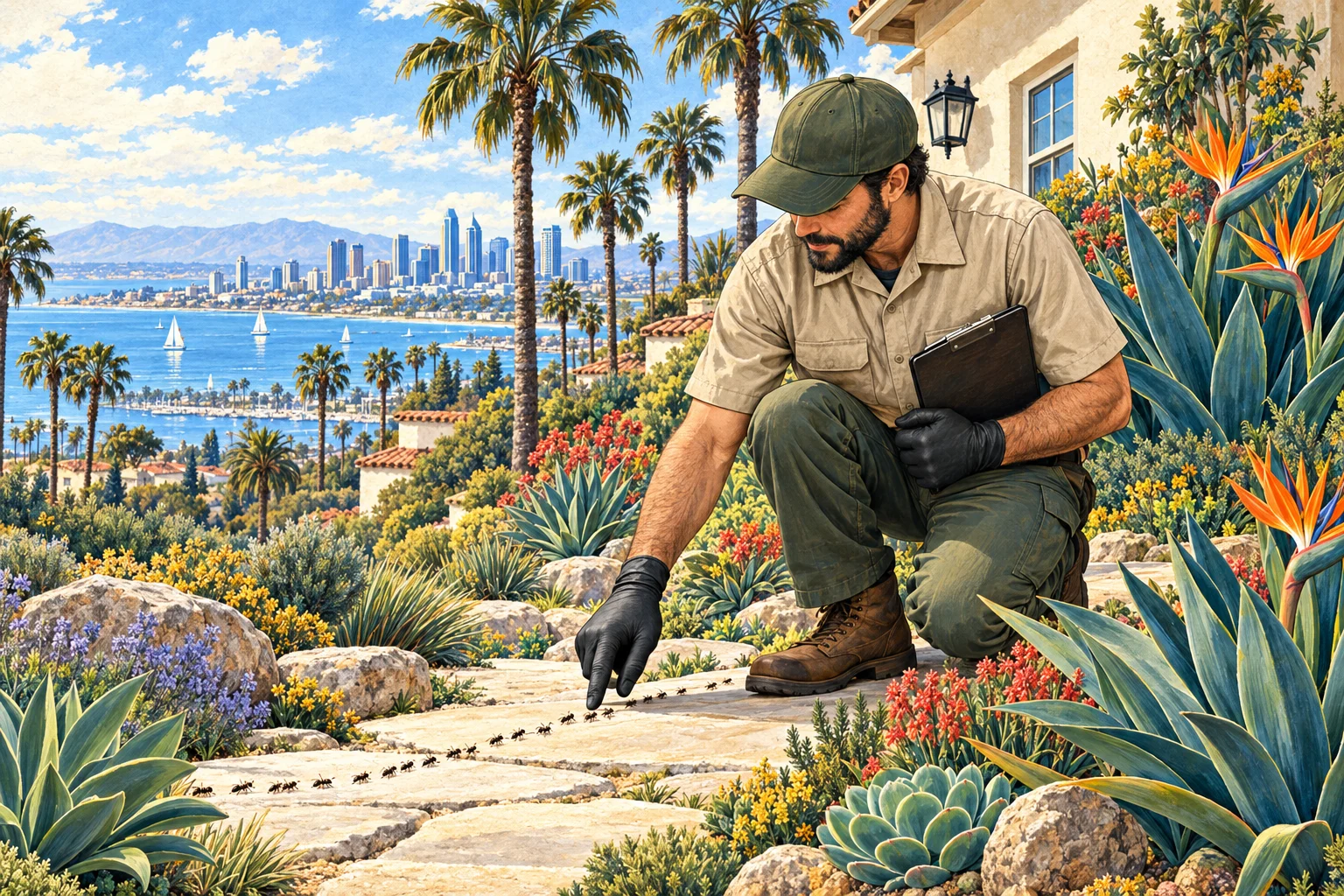Illustration of a local technician observing ants in a San Diego garden