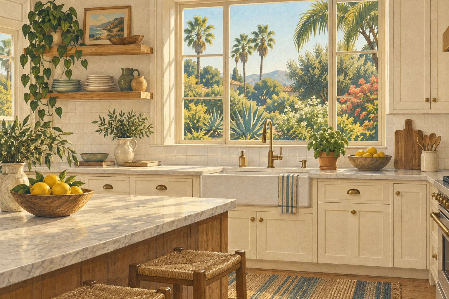Illustrated sunny kitchen overlooking a garden