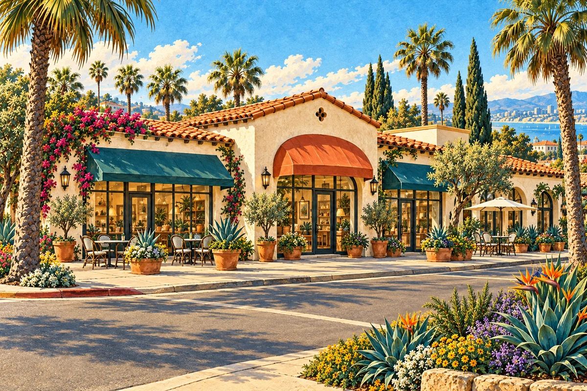 Illustrated neighborhood storefronts with awnings and sidewalk patios